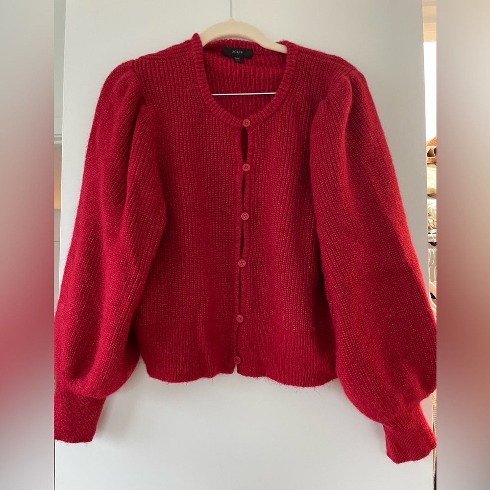 JCrew Red Cardigan with Balloon Sleeves